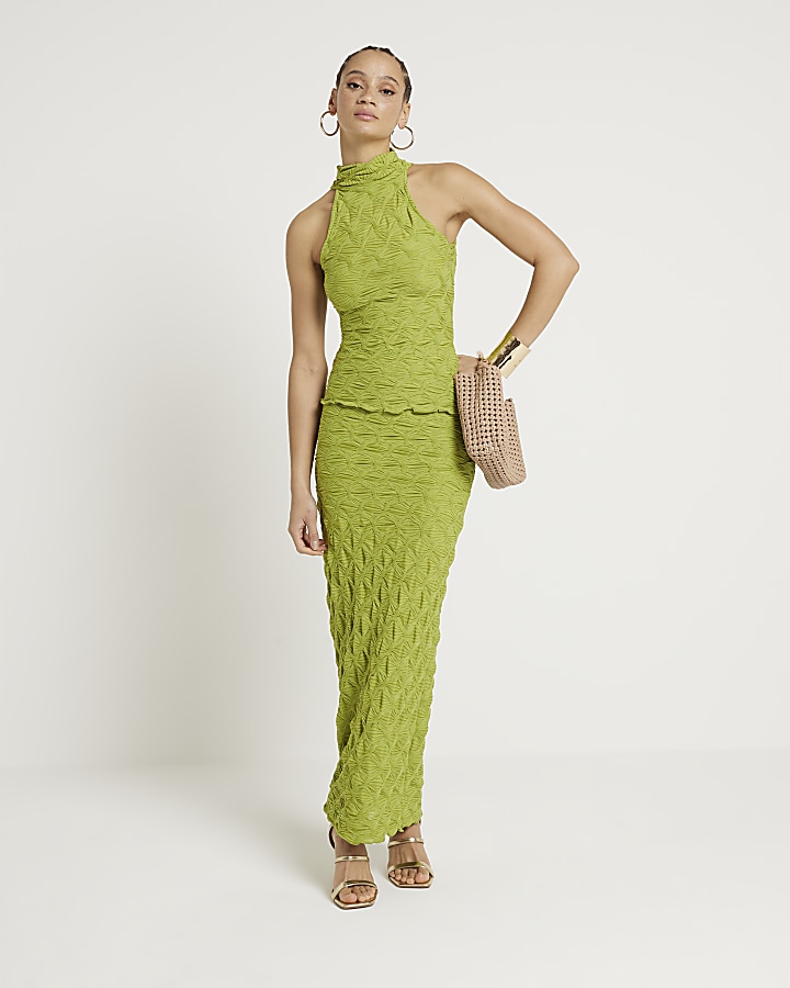 Green textured midi skirt