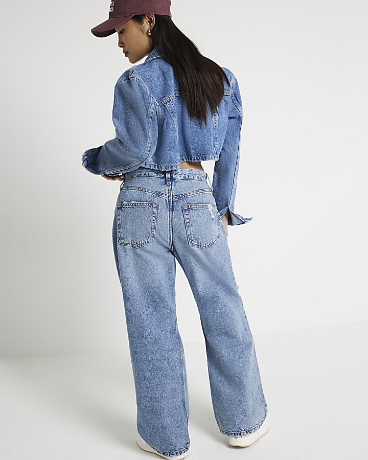 Petite blue ripped relaxed straight jeans