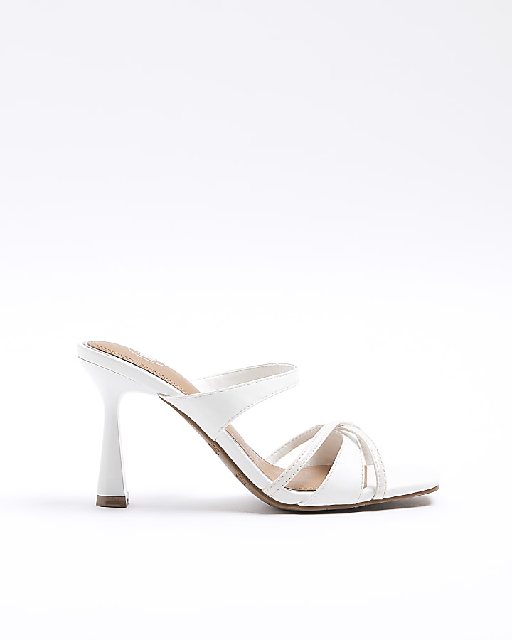 White cross strap heeled mule sandals