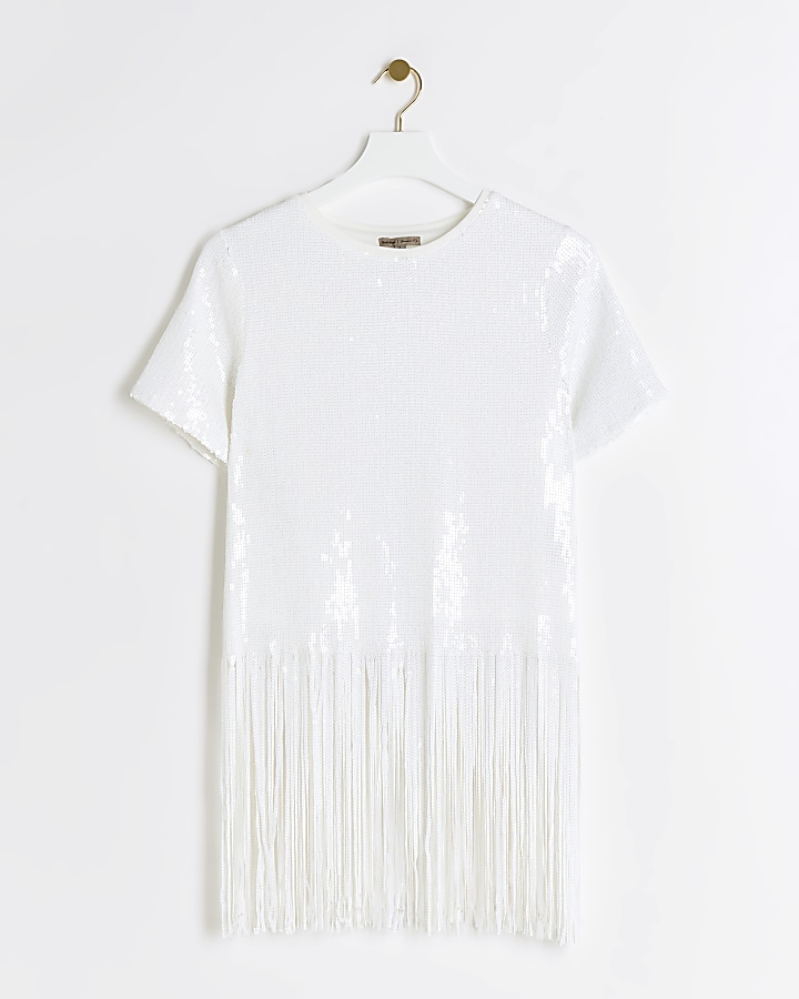 White sequin fringe detail t-shirt