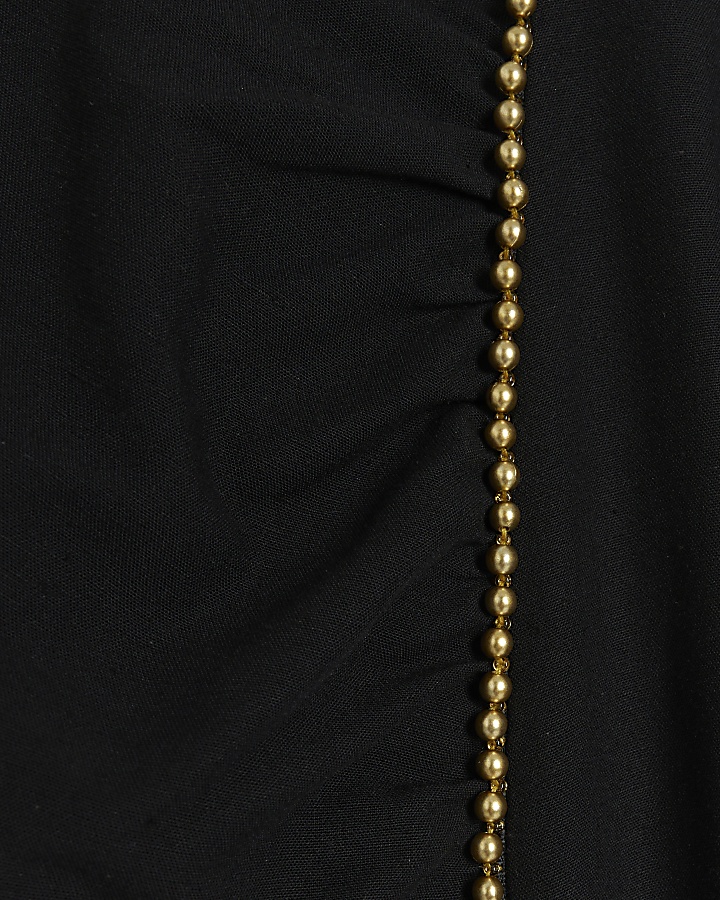 Black beaded puff sleeve swing midi dress