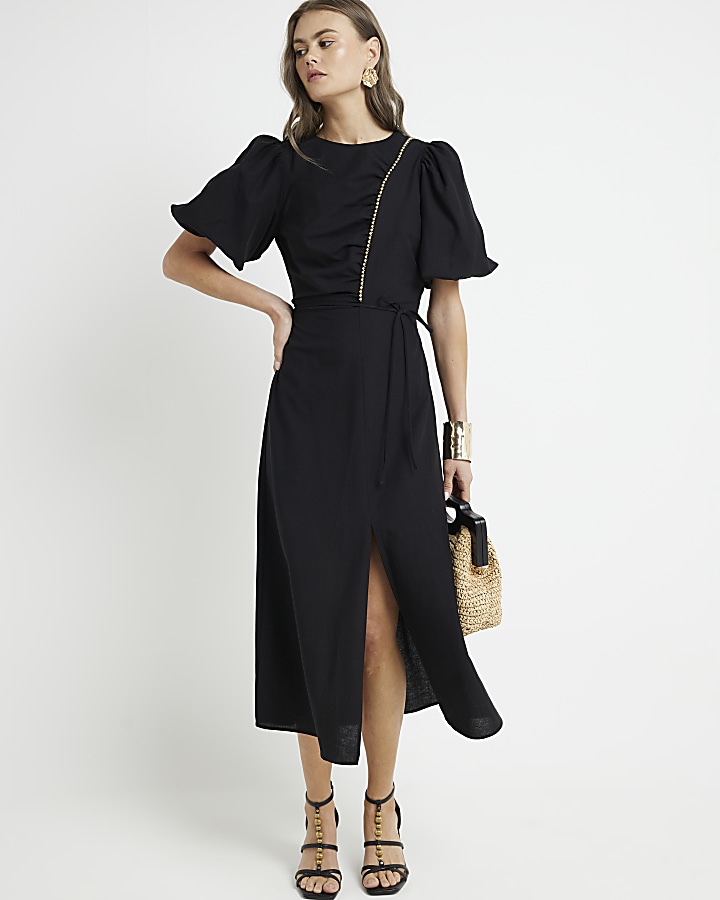 Black beaded puff sleeve swing midi dress