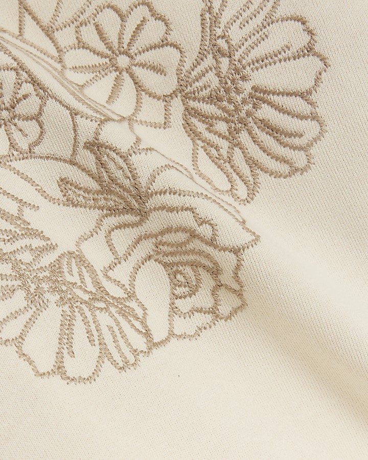 Cream Embroidered Flower Hoodie
