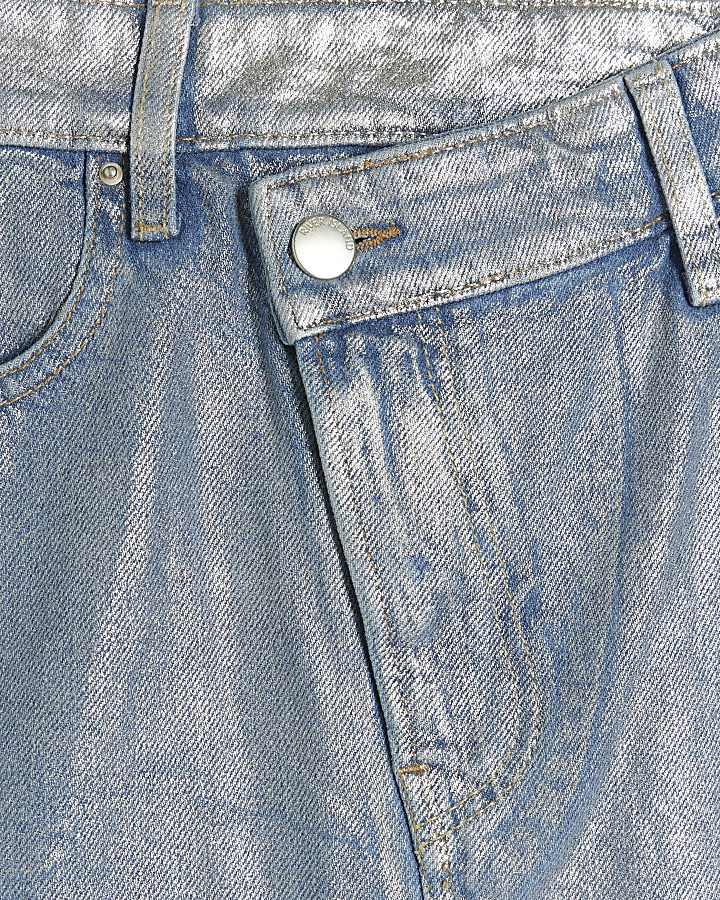 Blue metallic asymmetric waist mini skirt