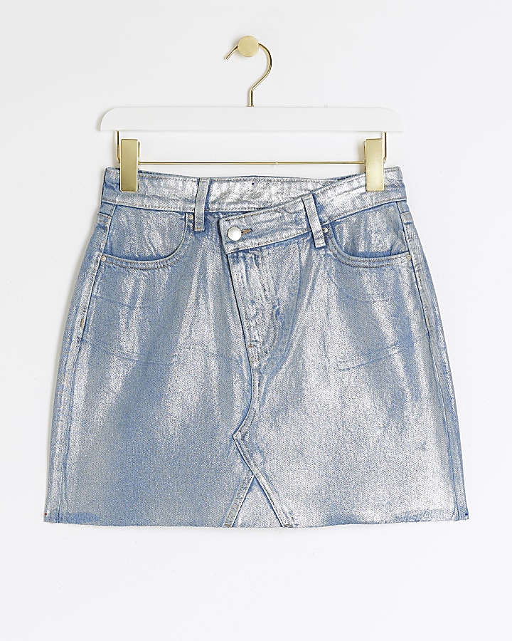 Blue metallic asymmetric waist mini skirt