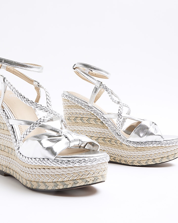 Silver strappy wedge espadrille sandals