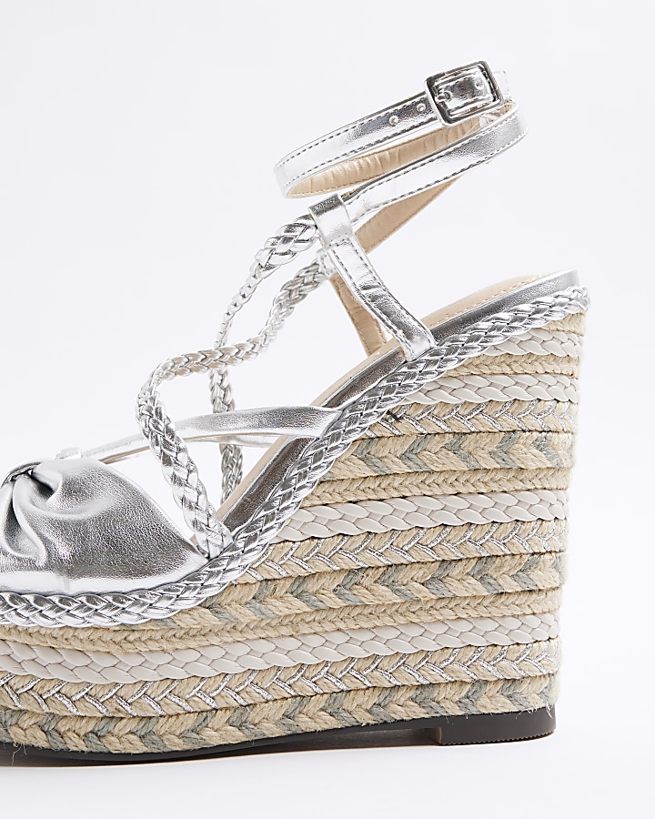 Silver strappy wedge espadrille sandals