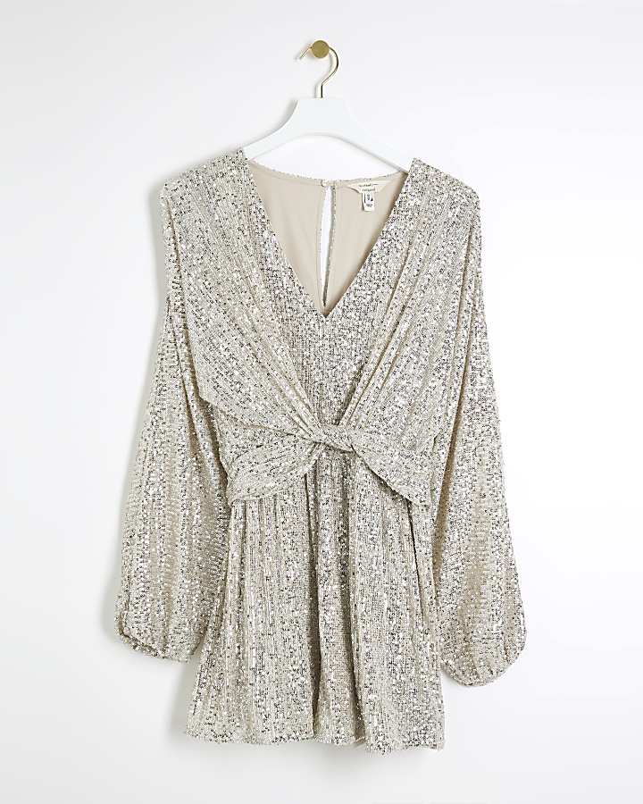 Silver sequin front knot playsuit