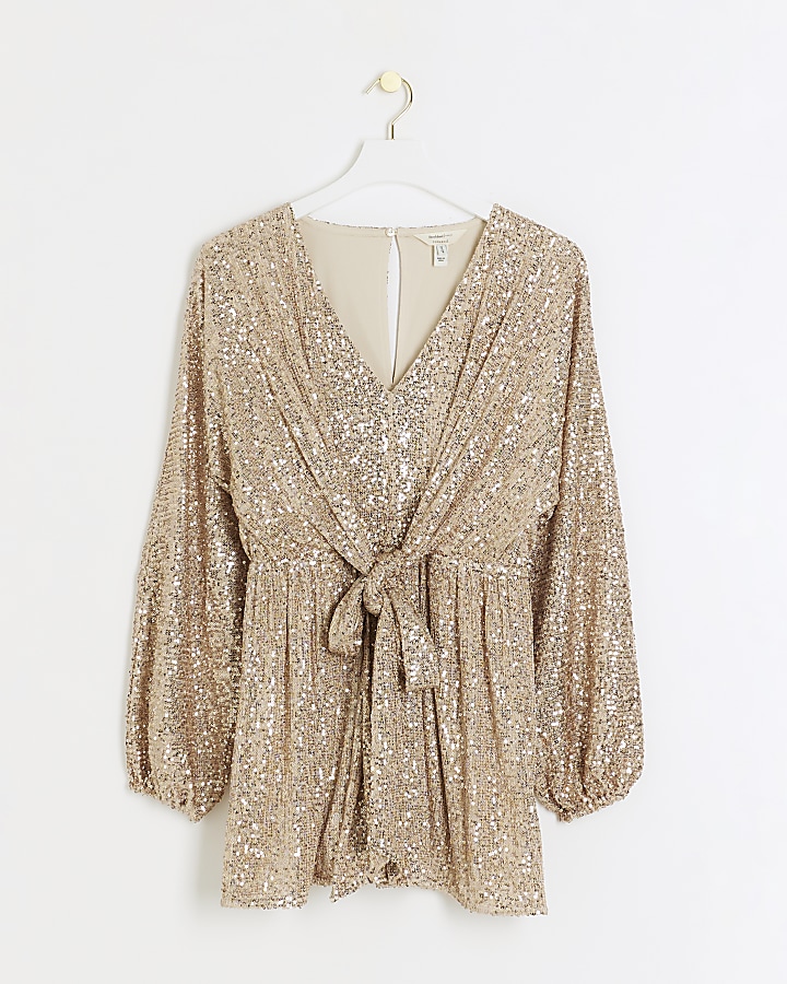 Rose gold sequin knot playsuit