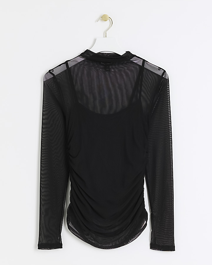 Black mesh ruched long sleeve top