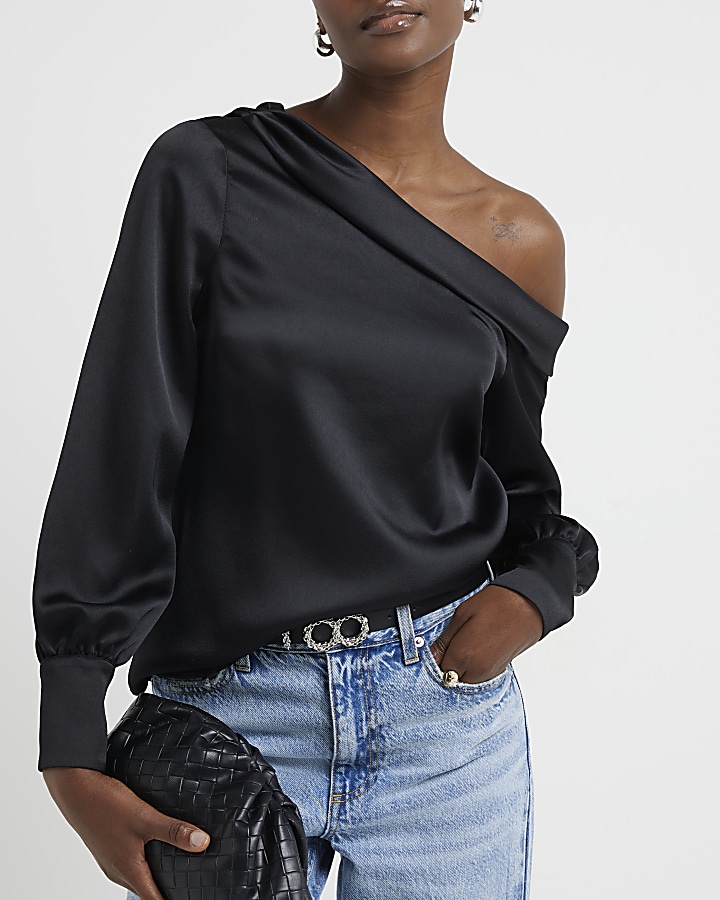 Black satin off shoulder blouse
