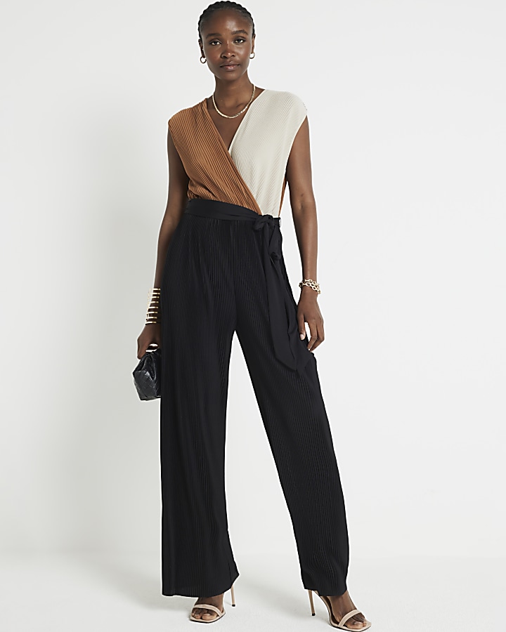 Brown plisse belted wrap jumpsuit