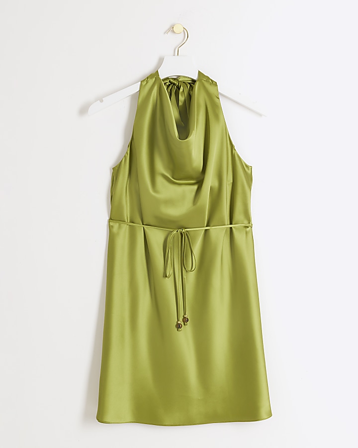 Green satin open back slip mini dress