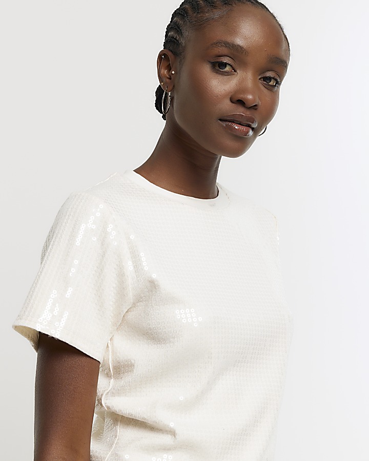 White sequin cropped t-shirt