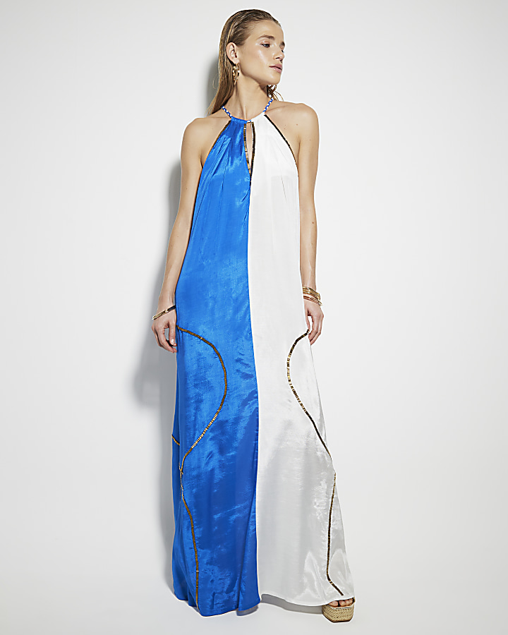 Blue colour block beach maxi dress