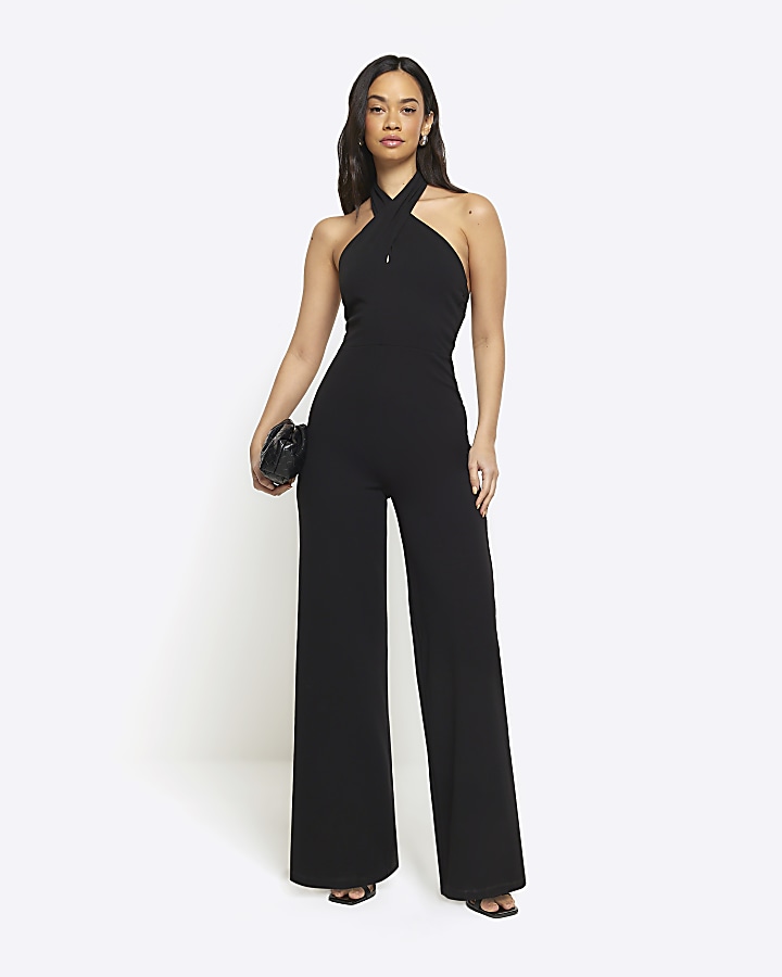 Black crossed halter neck jumpsuit