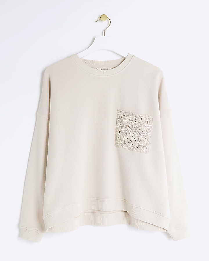 Cream Crochet Pocket Sweatshirt