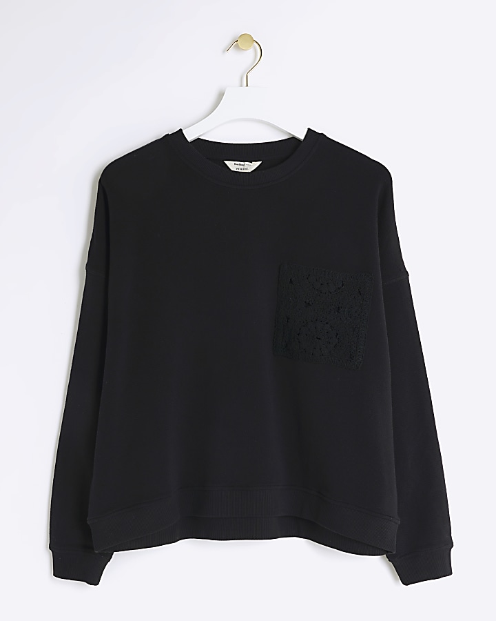 Black Crochet Pocket Sweatshirt