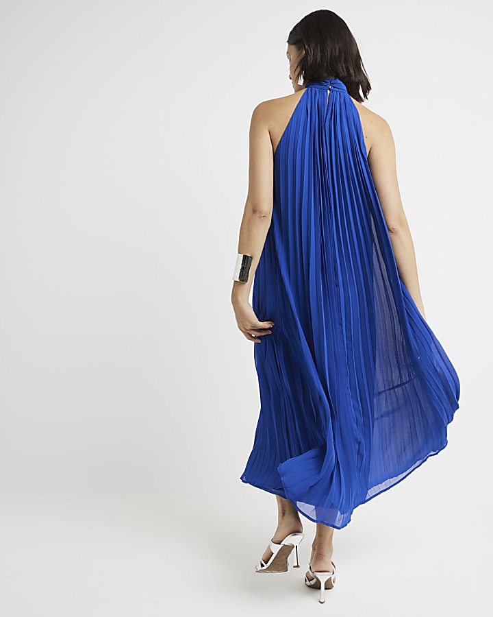 Blue plisse halter neck shift maxi dress