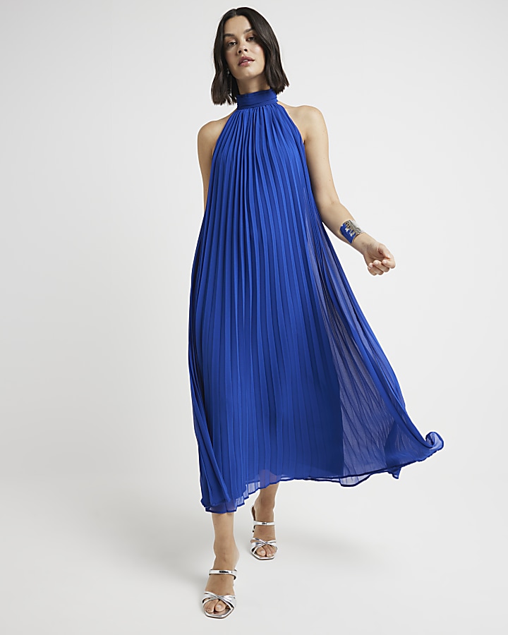 Blue plisse halter neck shift maxi dress