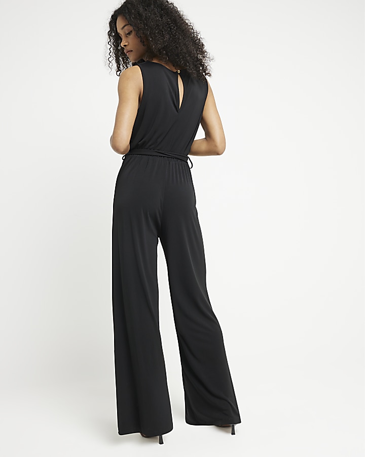 Women Black Shawl Collar Front Tie Belted Jumpsuit main image 0