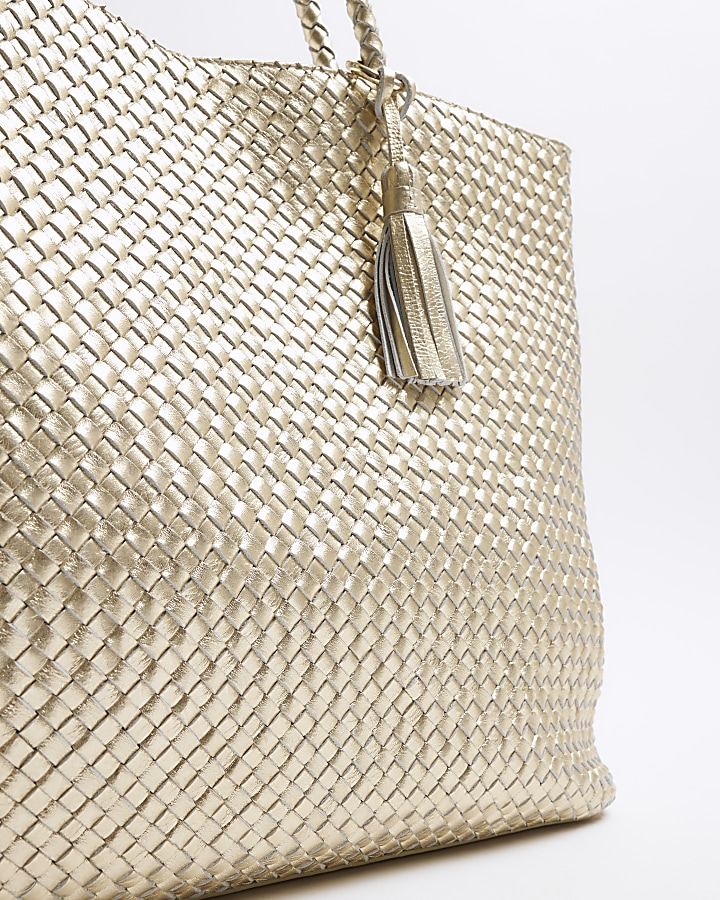 Gold Leather Woven Shopper Bag