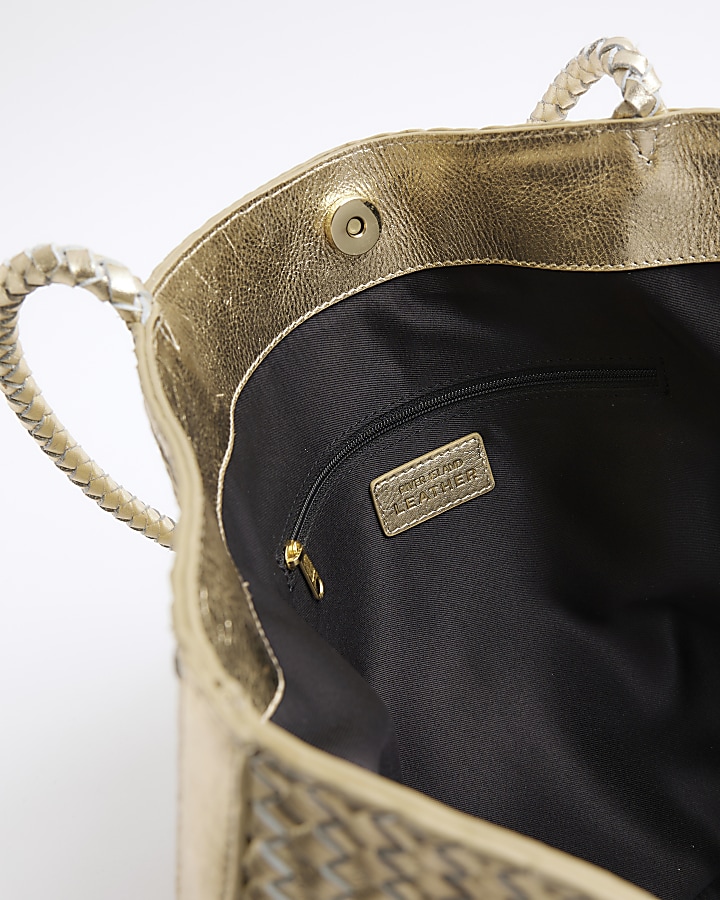 Gold Leather Woven Shopper Bag