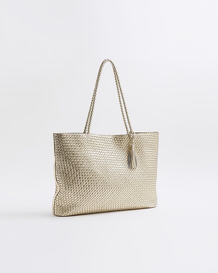 Gold Leather Woven Shopper Bag