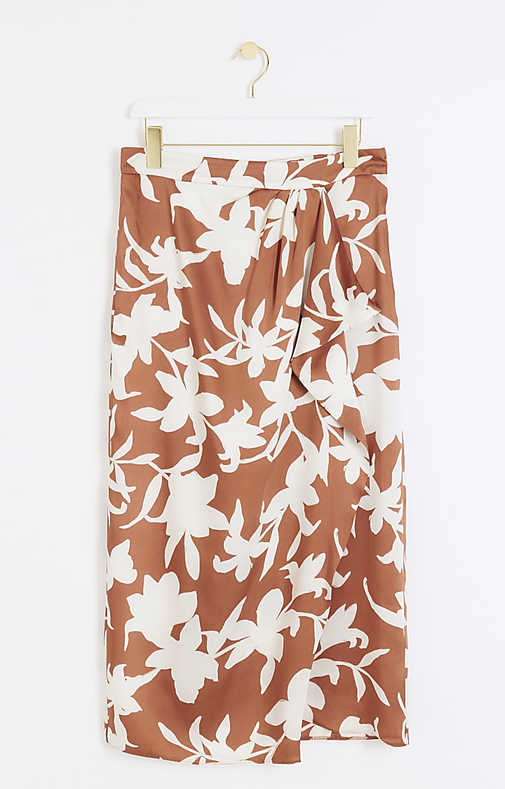 Brown floral wrap midi skirt
