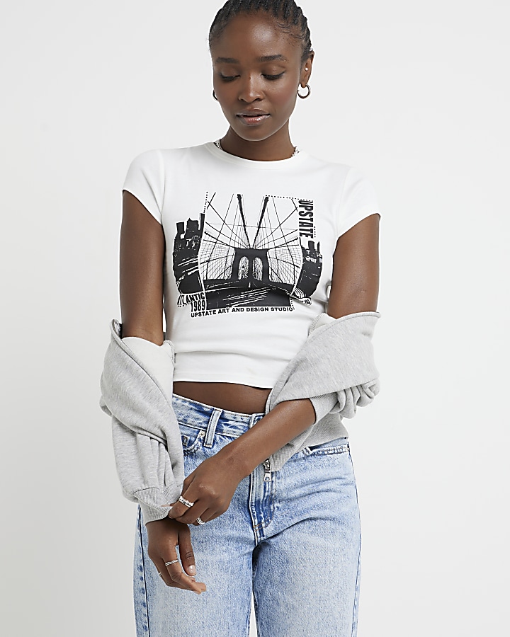 White graphic embellished crop t-shirt