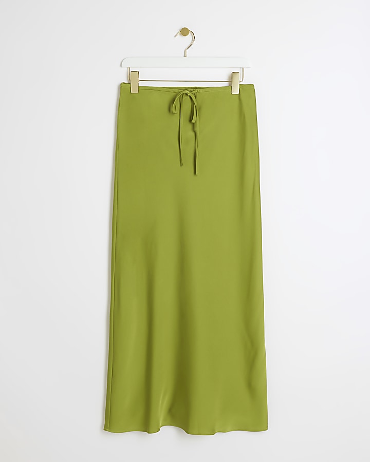 Green tie waist satin maxi skirt