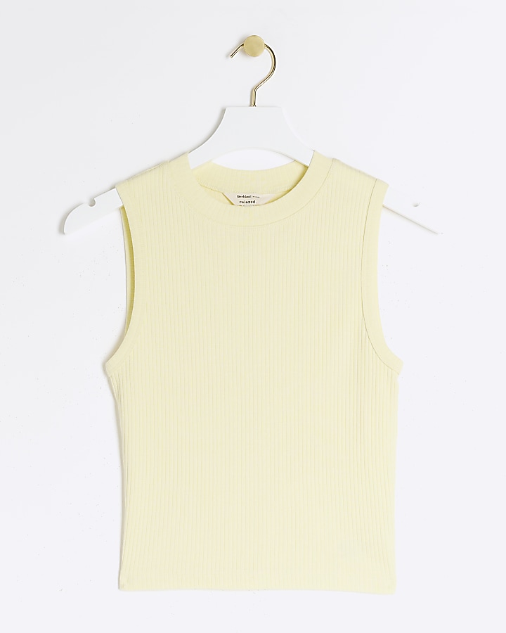 Yellow ribbed high neck tank top