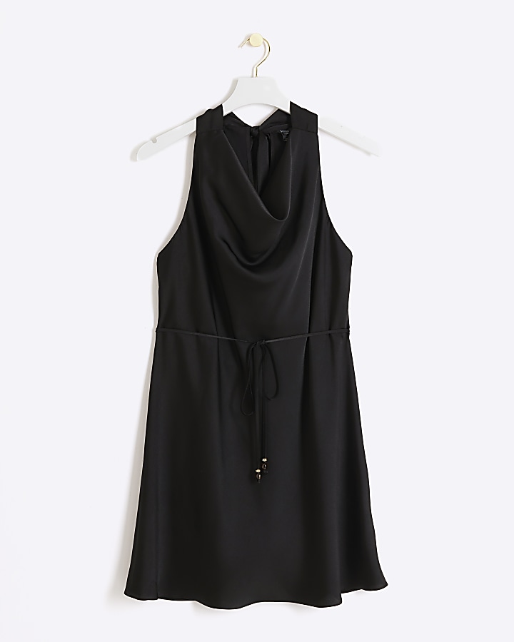 Black satin halter neck slip mini dress