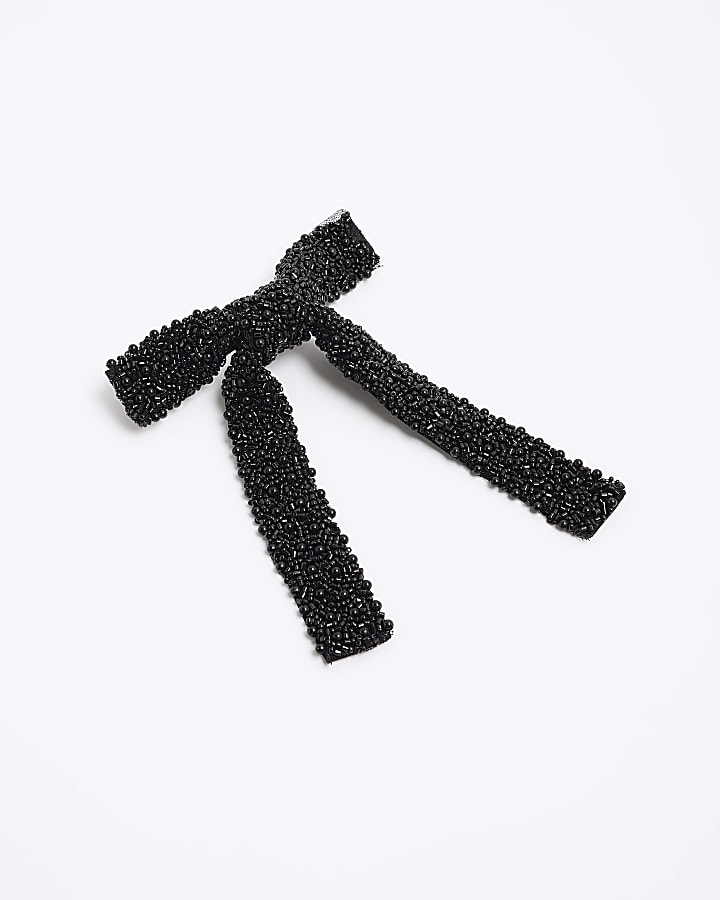 Black pearl fabric bow hair clip