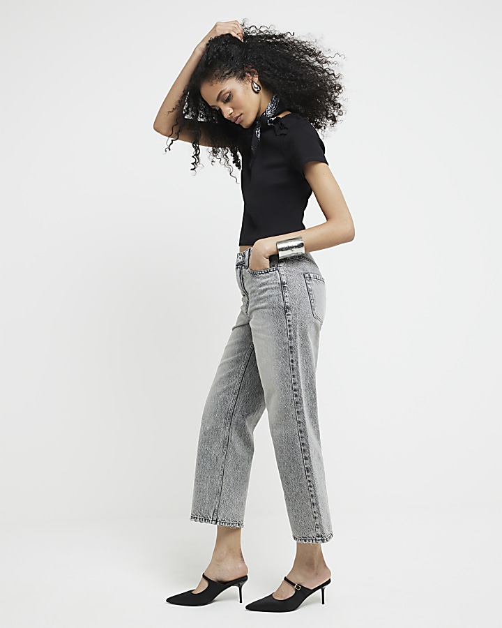 Grey relaxed straight fit cropped jeans
