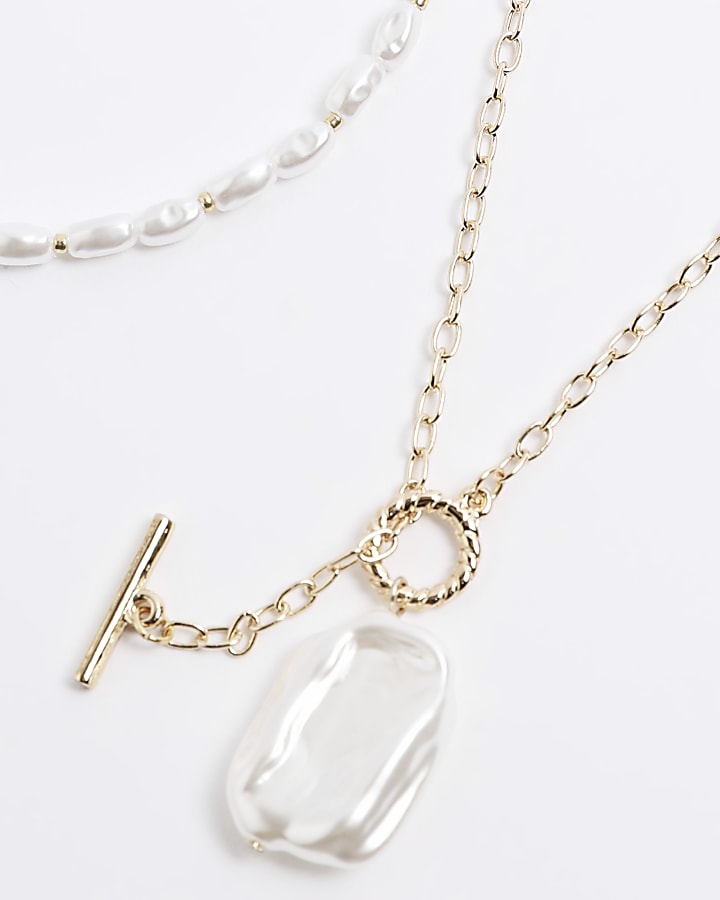 Gold pearl multirow necklace