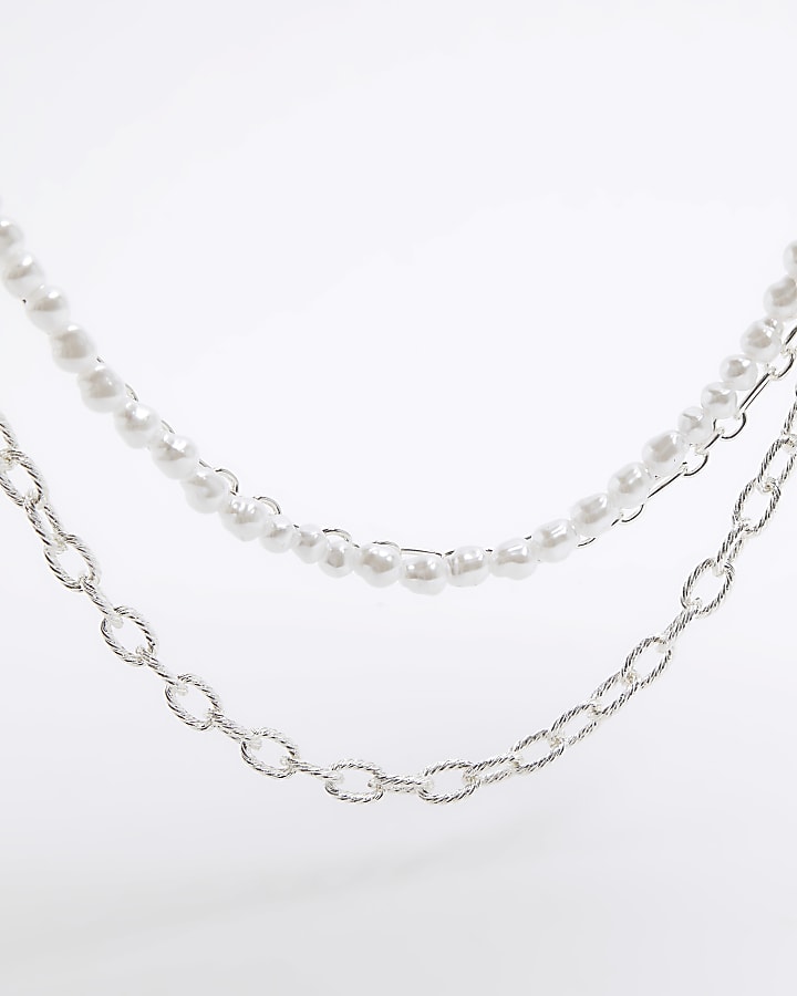 Silver Pearl Chain Multirow Necklace