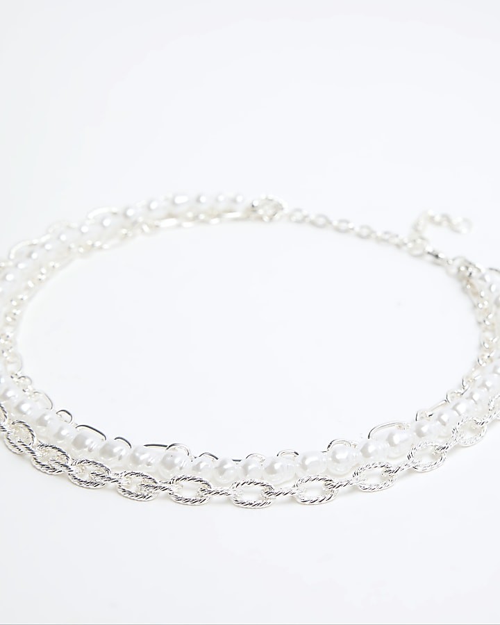 Silver Pearl Chain Multirow Necklace