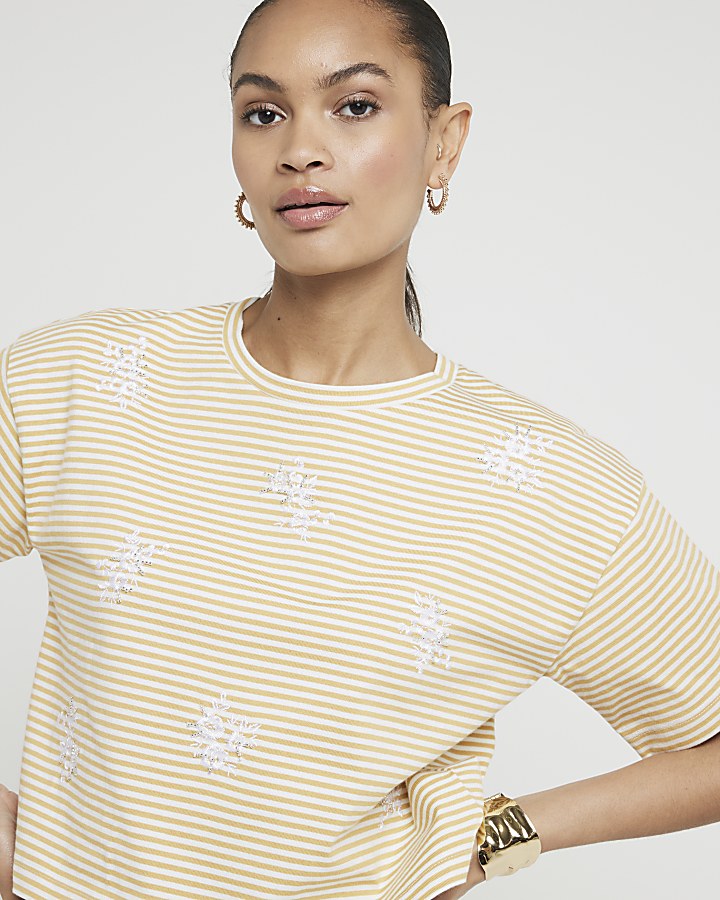 Yellow stripe embroidered cropped t-shirt