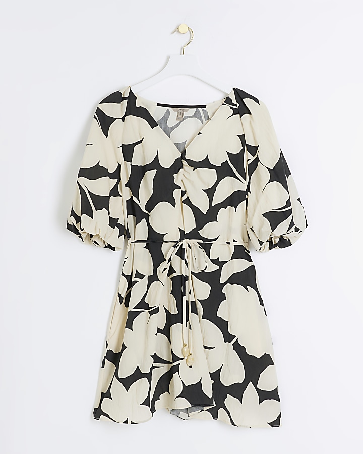 Black floral puff sleeve swing mini dress