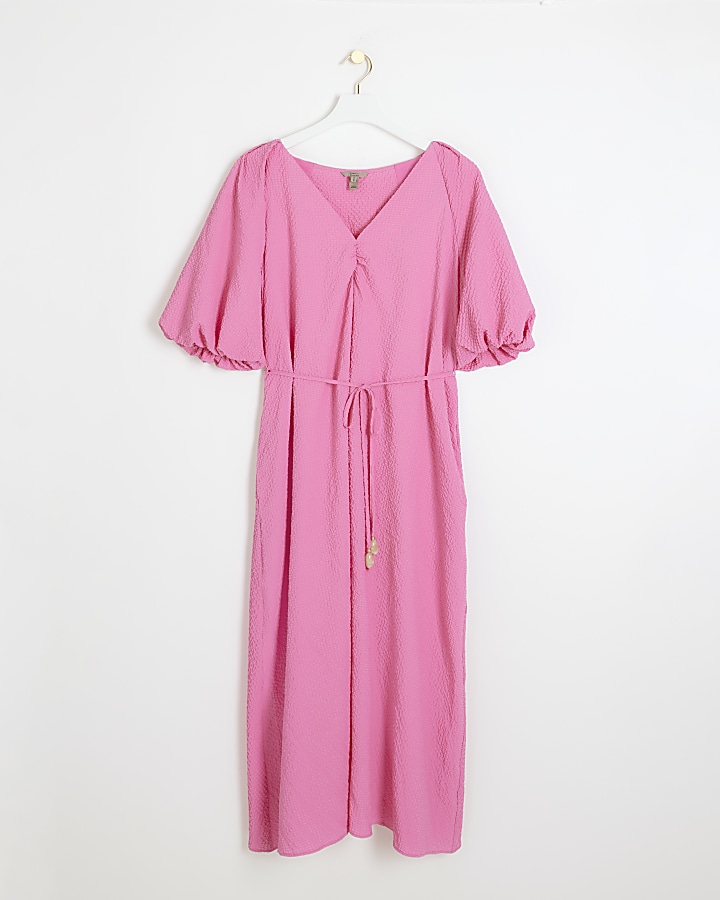 Pink puff sleeve belted textured dress