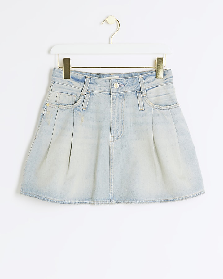 Blue pleated denim mini skirt