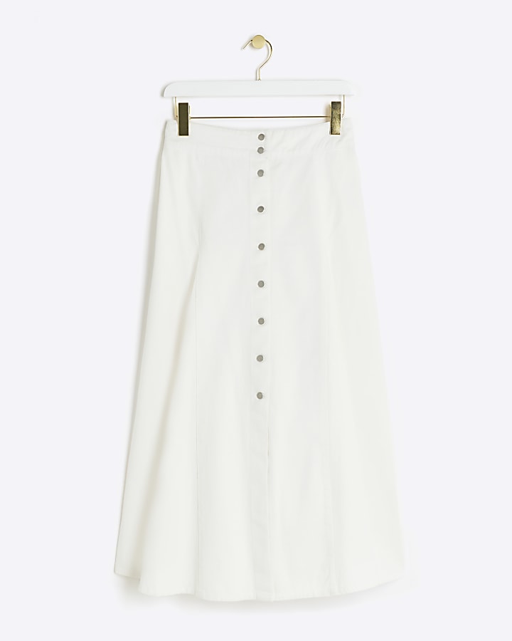 White denim button up midi skirt