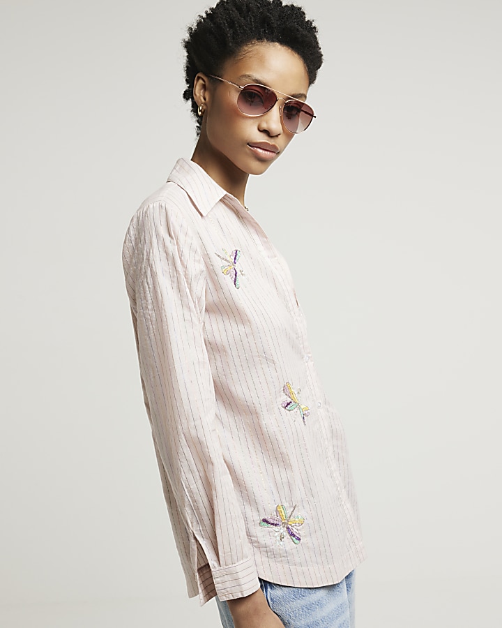 Pink stripe embroidered shirt