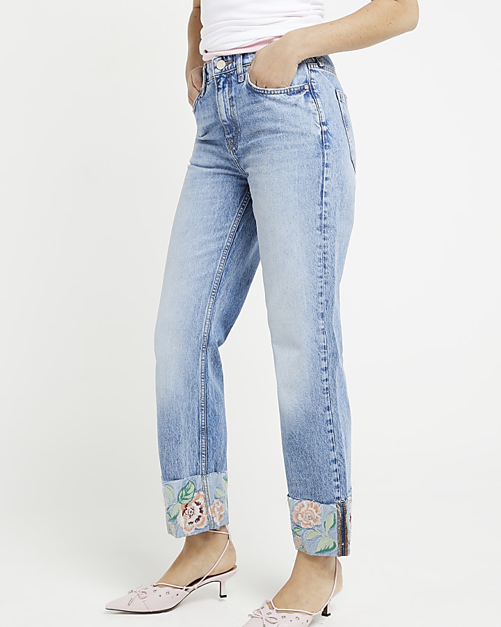 Blue embroidered stove pipe straight jeans