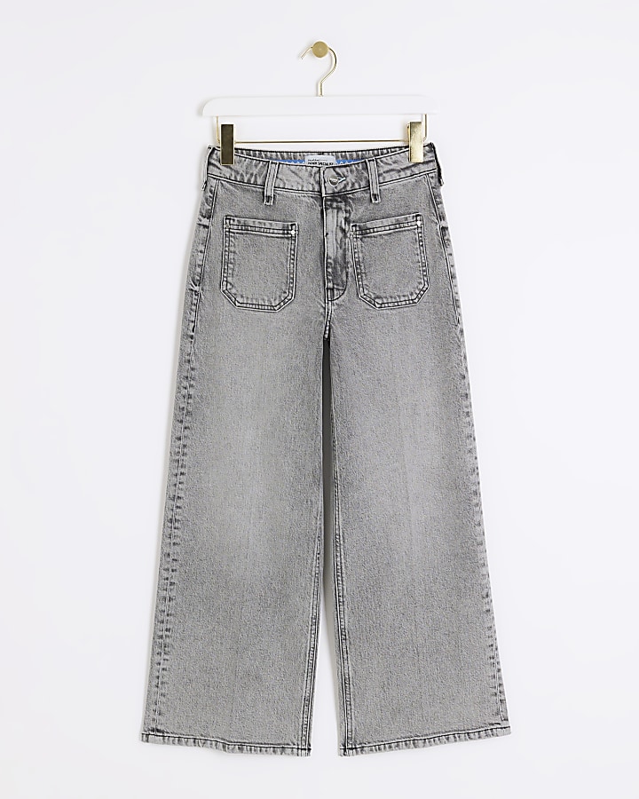 Grey high waisted cropped wide fit jeans