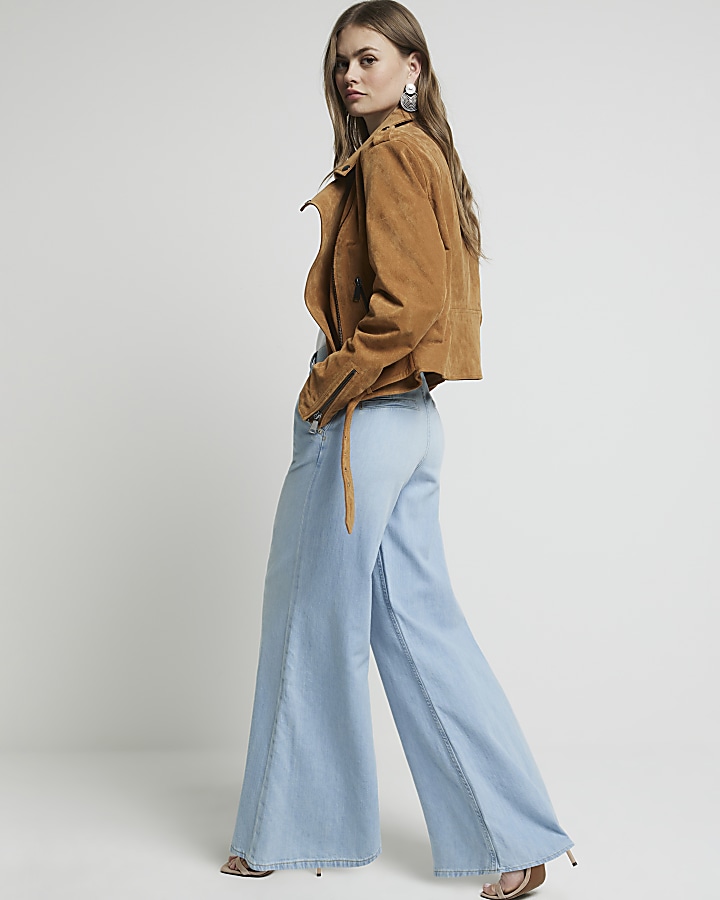 Blue mid rise tailored wide fit jeans