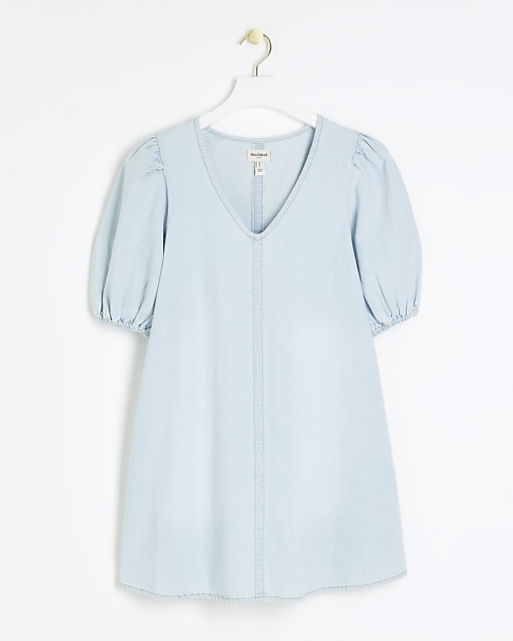 Petite blue denim puff sleeve mini dress
