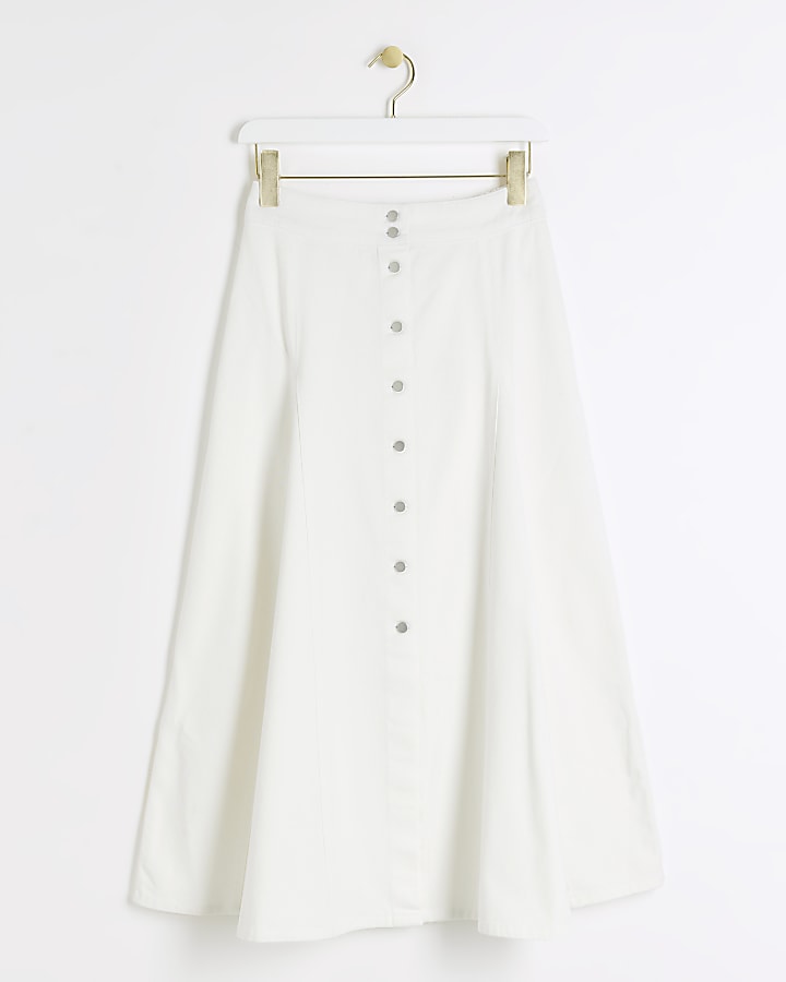 Petite White Denim Button Up Midi Skirt