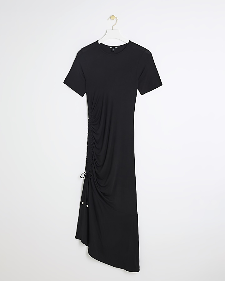 Black ruched side t-shirt midi dress